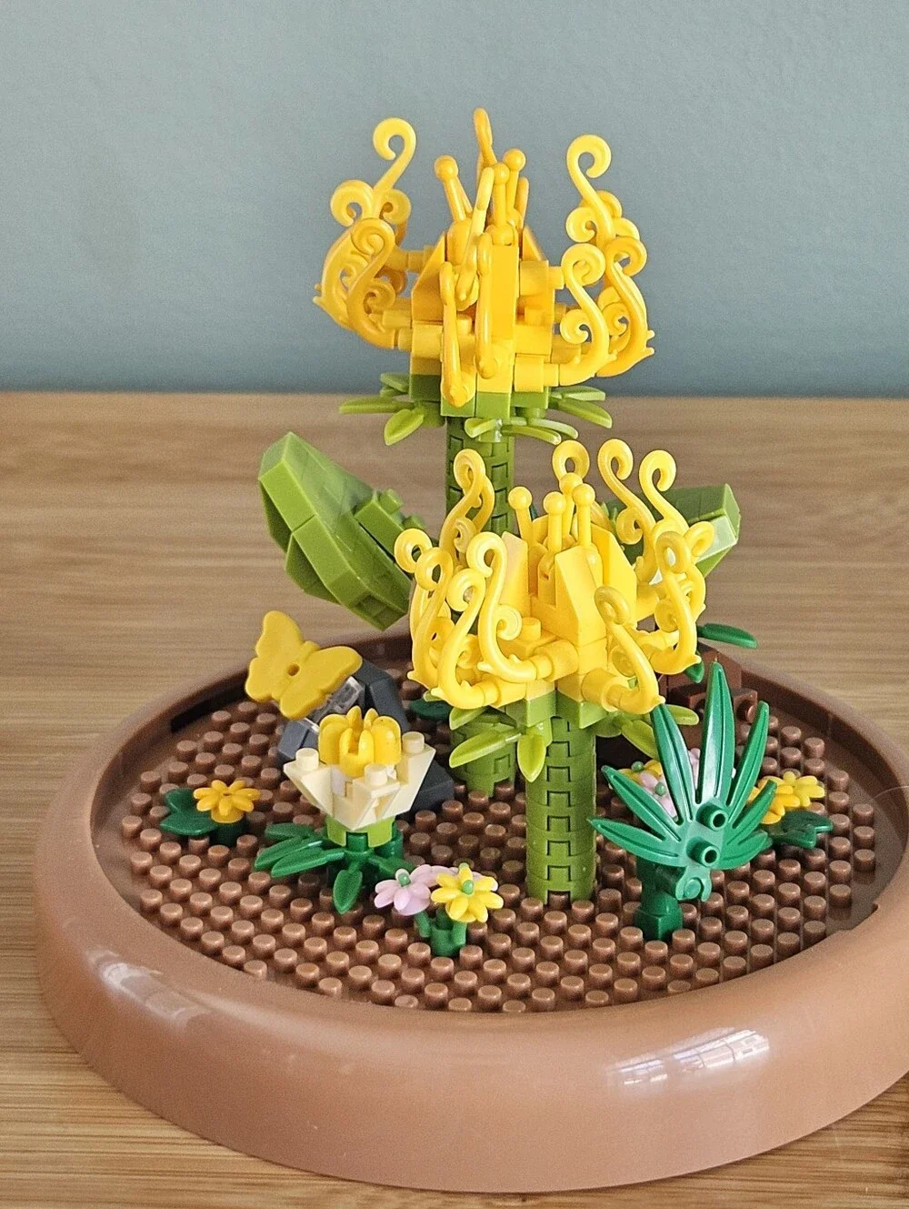Glass Dome Terrarium with Yellow Floral Accent Bricks No Instructions Assembeled
